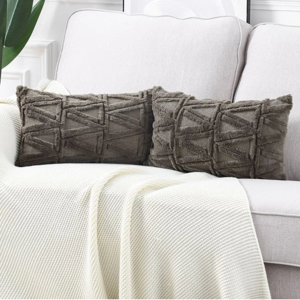 Luxury Home | Boho Chic Taupe Geo Short Wool Faux Fur Lumbar Throw Pillow Covers